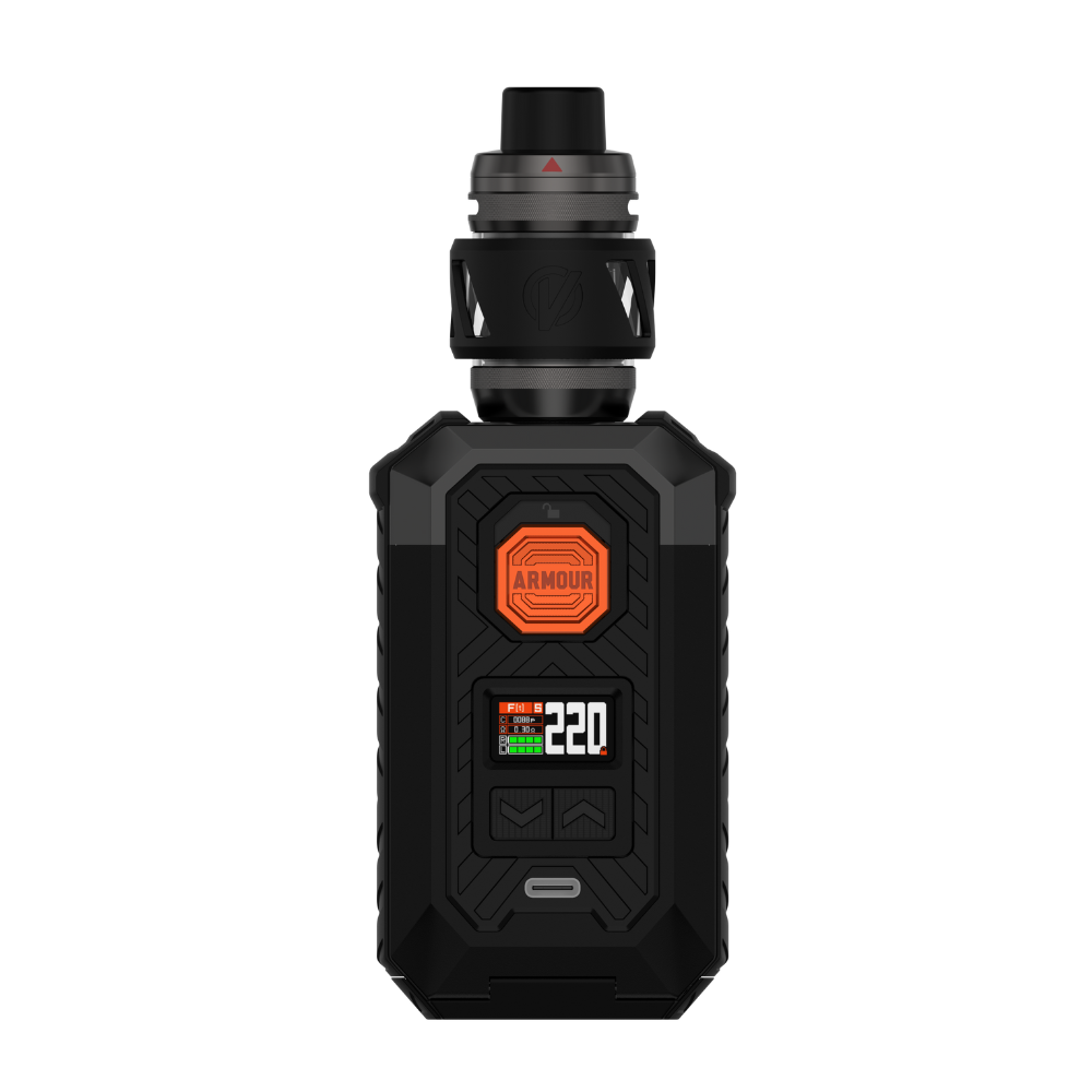 Vaporesso ARMOUR MAX (iTank T) vape mod, black and orange design, 220W output. Features include iTank T, TPU material.