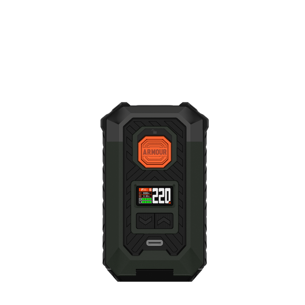 VAPORESSO ARMOUR MAX Mod in dark green and black with orange accents, displaying 220W output
