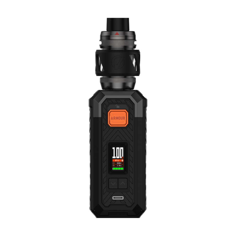 VAPORESSO ARMOUR S (iTank T) vape kit, black design with digital display, showing 100W output and Armour logo.