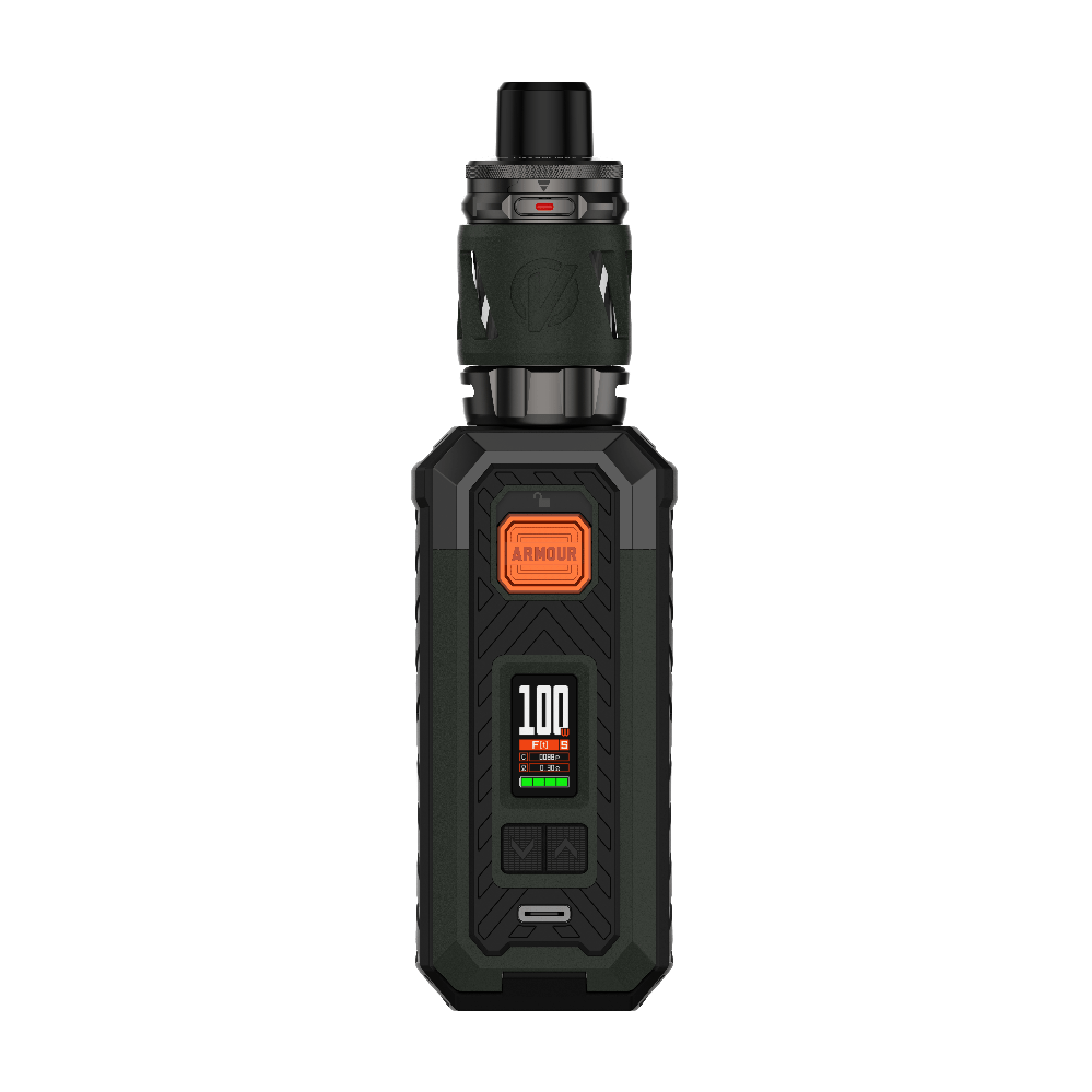 VAPORESSO VAPORESSO ARMOUR S vape kit, black and green with digital display showing 100, ARMOUR branding and protective design.