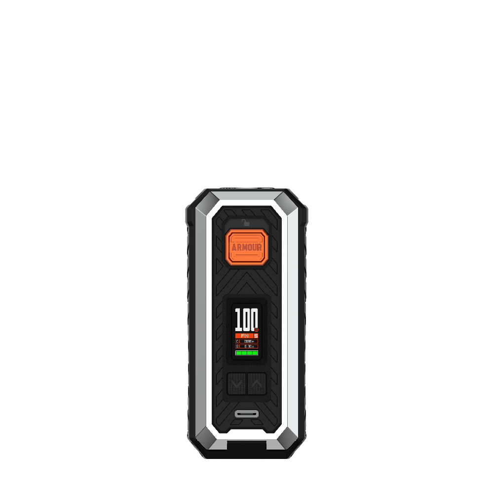 VAPORESSO ARMOUR S Mod: Black and silver design, 100W output, ARMOUR logo, and rugged build for vaping.