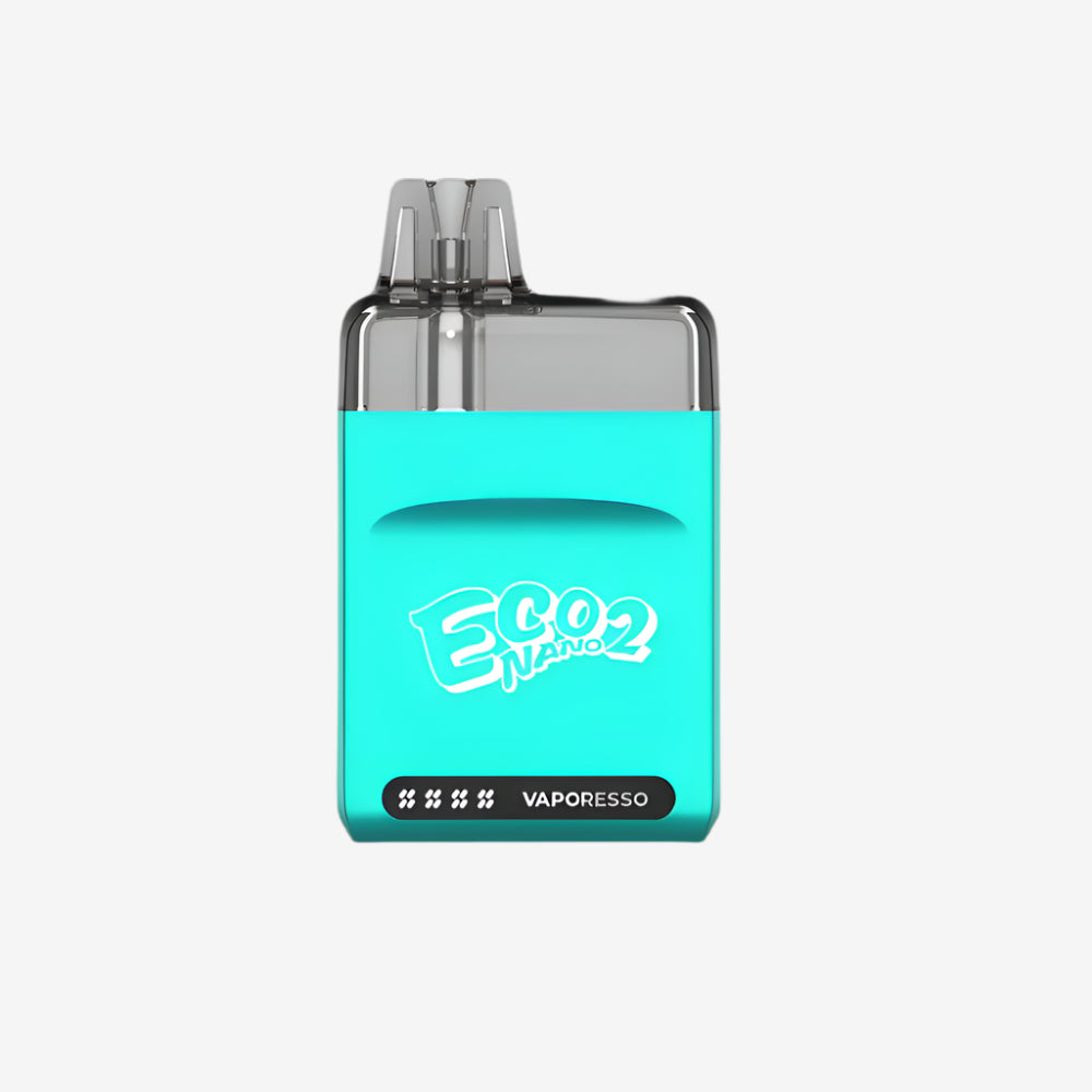 VAPORESSO ECO NANO 2 in teal. Featuring the ECO NANO 2 logo and VAPORESSO branding, with transparent top.