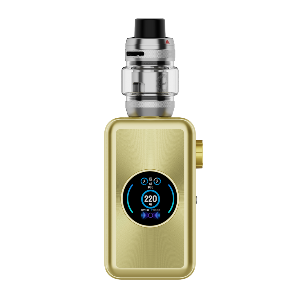 VAPORESSO GEN MAX iTankT vape kit in gold, featuring a digital display showing 220W output.