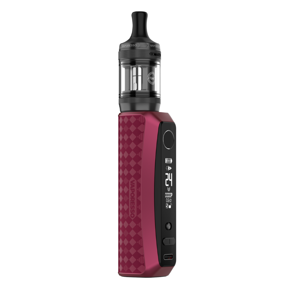 VAPORESSO GTX ONE PRO Mod Kit in Burgundy with OLED Screen displaying 24W output