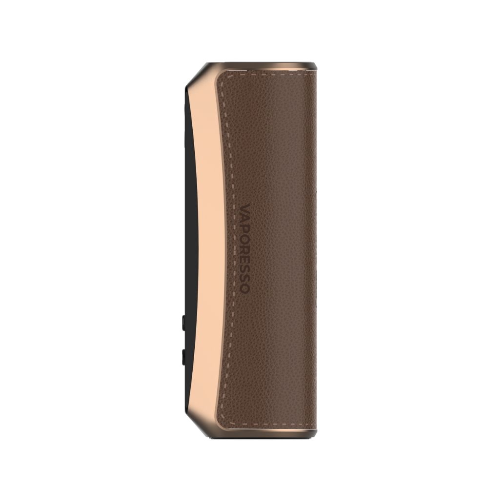 VAPORESSO GTX ONE PRO Mod with brown leatherette and gold accents. Compact vaping device.