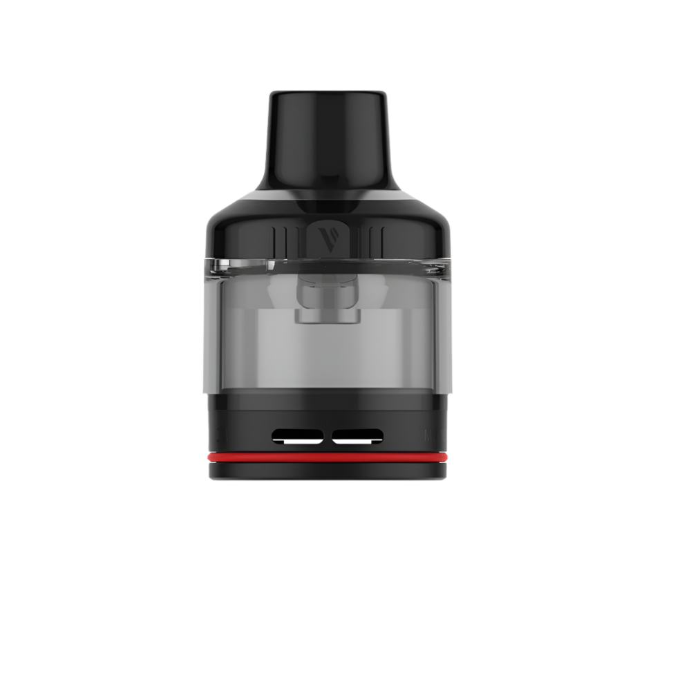Vaporesso GTX Pod Tank 22|26 in black with red accent. Clear tank showing e-liquid capacity. Magnetic pod for easy vape use.