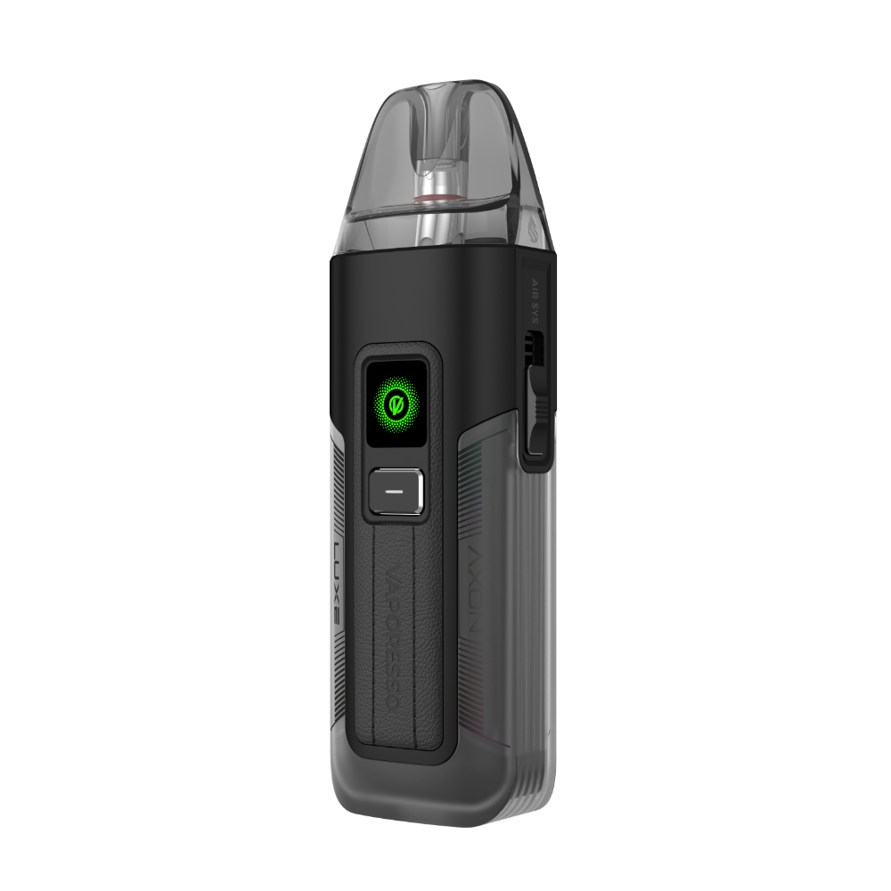 VAPORESSO LUXE X2 pod vape device, black with transparent pod, AXON chip, and adjustable airflow