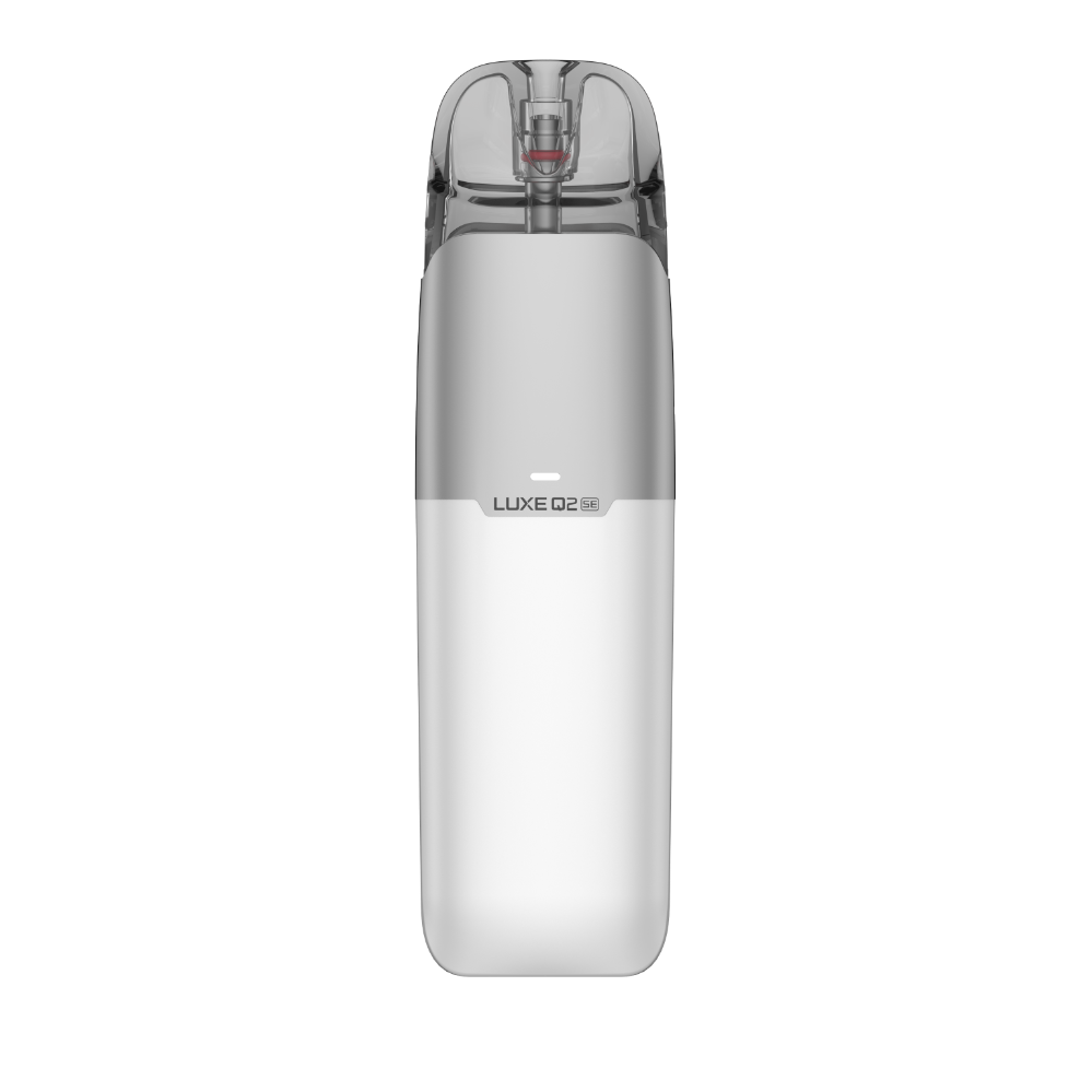 Vaporesso LUXE Q2 SE vape in white with transparent mouthpiece, LUXE Q2 SE branding