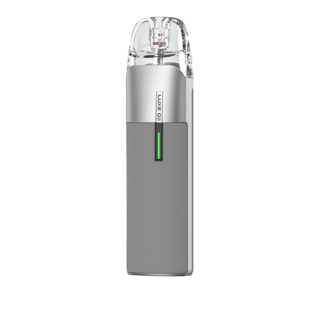 VAPORESSO LUXE Q2 Pod System in gray leather, featuring adjustable airflow and long-lasting battery
