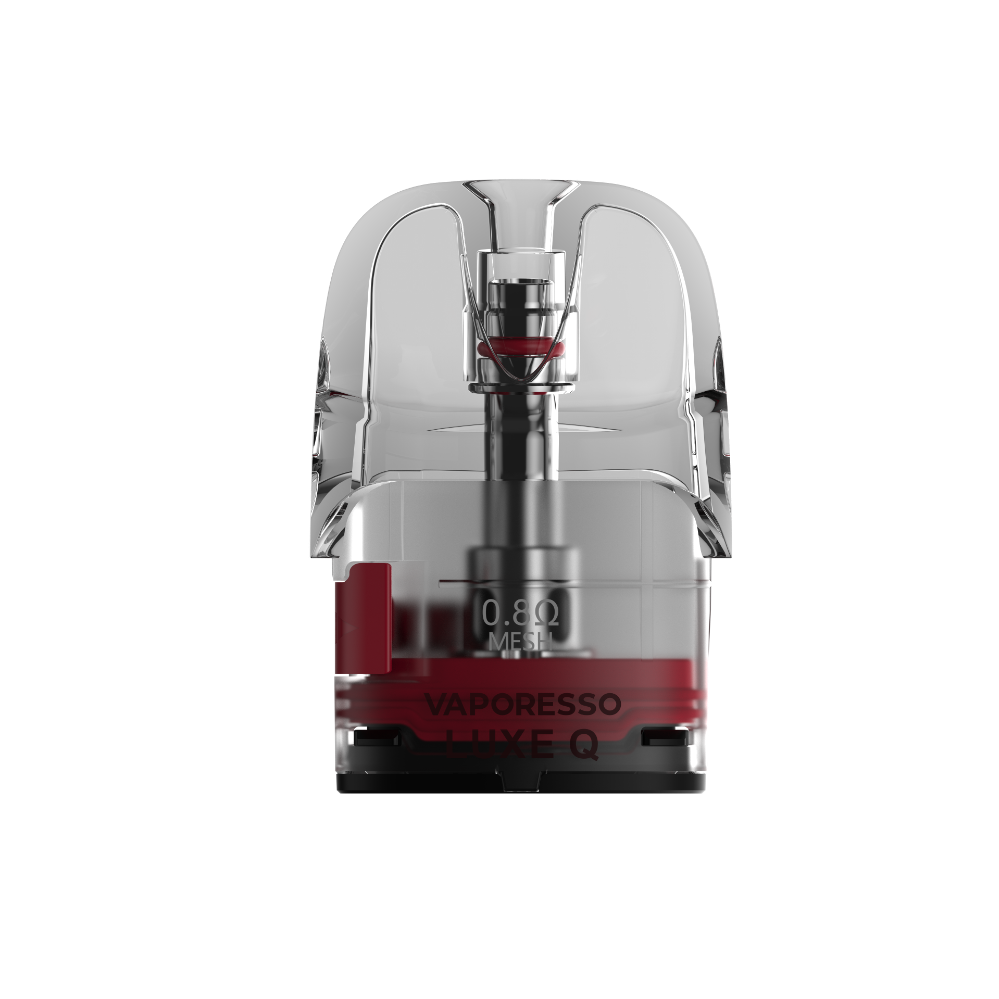 VAPORESSO LUXE Q 0.8惟 MESH pod. Transparent tank, red accents, for LUXE Q series.