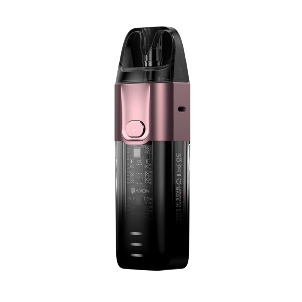 Vaporesso LUXE XR vape device in black and rose gold with AXON chip, featuring a 1500mAh battery.
