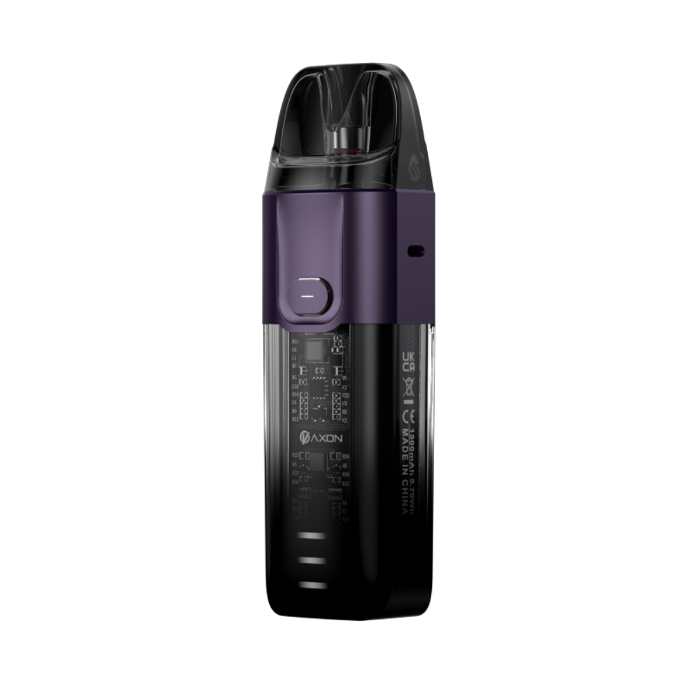 VAPORESSO VAPORESSO LUXE X Pod System with transparent pod, purple accent, AXON chip, and 1500mAh battery.
