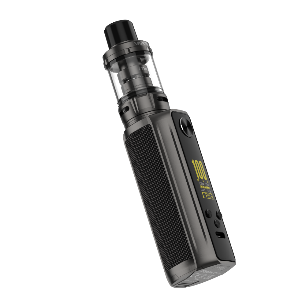 VAPORESSO TARGET 100 vape mod in dark gray, digital display showing 100W output, textured grip, and iTank.