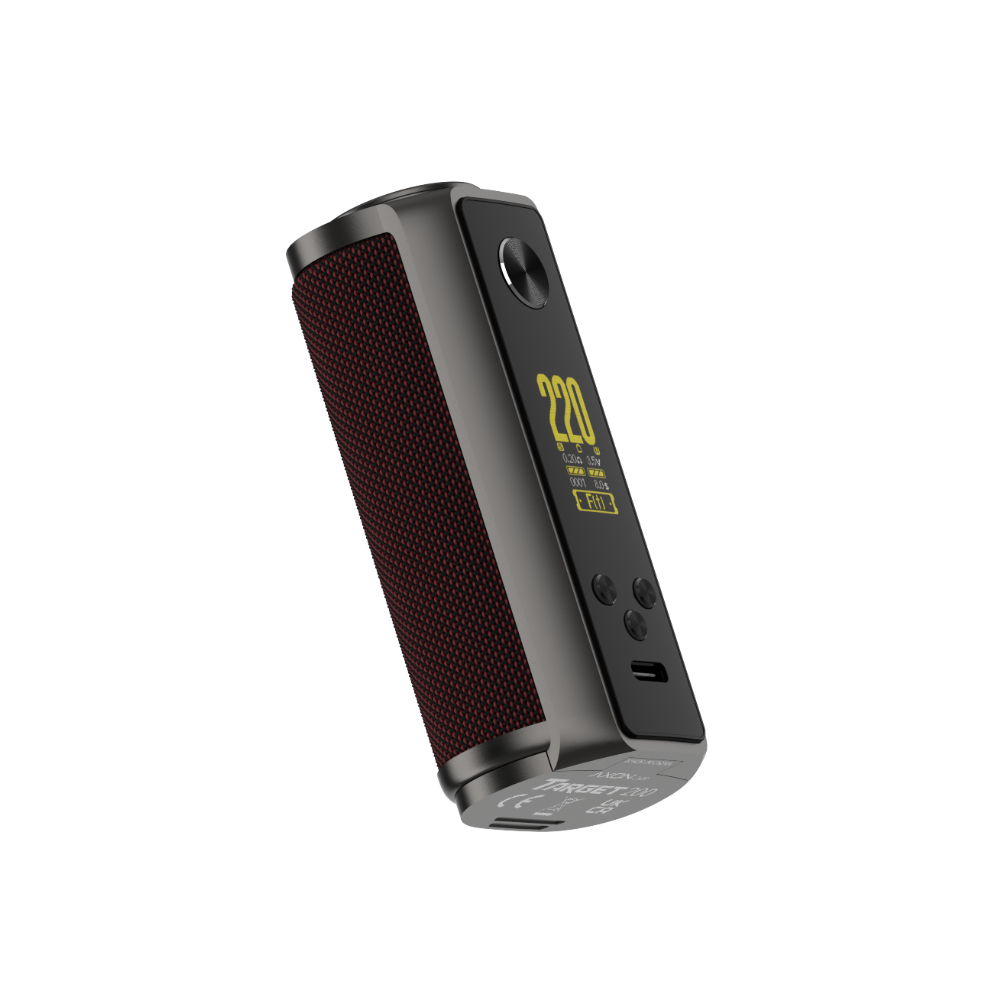 VAPORESSO TARGET 200 Mod in black with dark red texture, 220W output display, compact and durable.