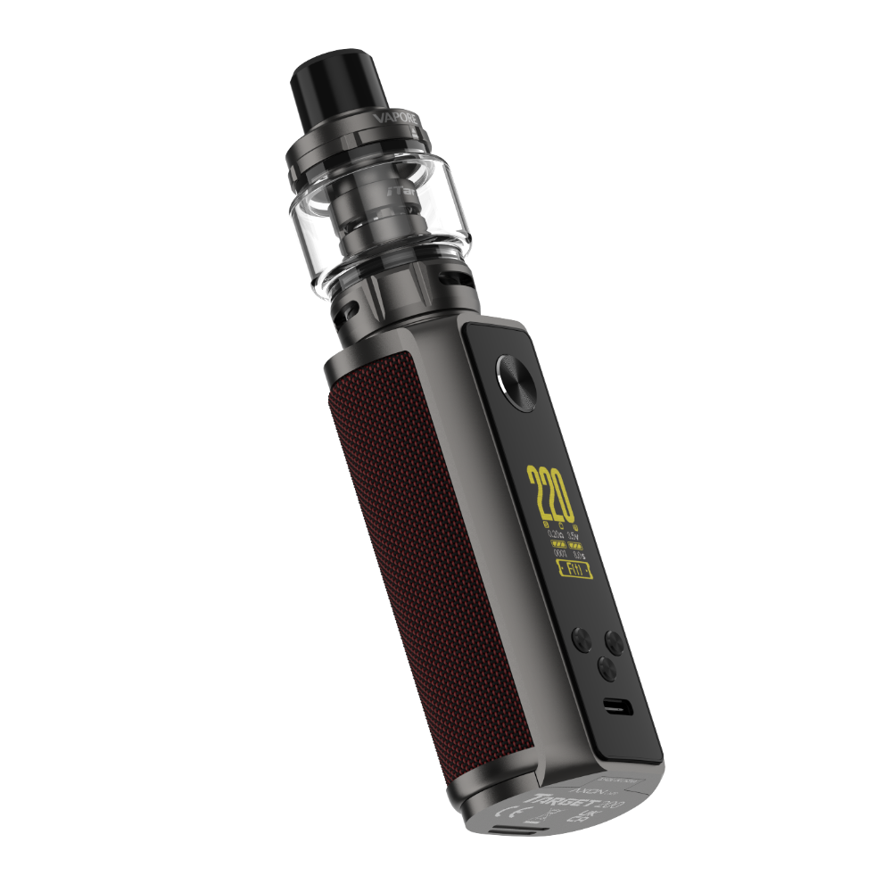 VAPORESSO TARGET 200 vape kit, gunmetal finish with red-brown grip and digital display showing 220W