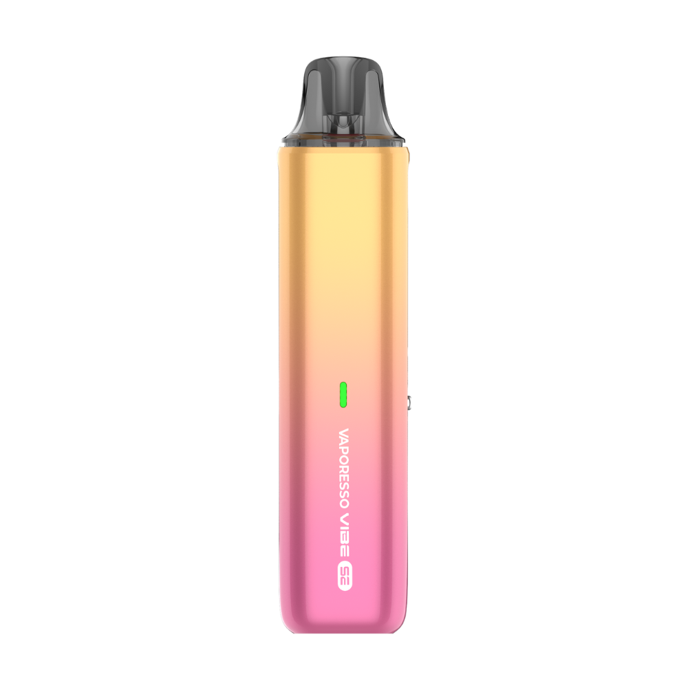 VAPORESSO VAPORESSO VIBE SE vape device in gradient yellow to pink. Featuring one-button operation for MTL vaping, and a modern design.