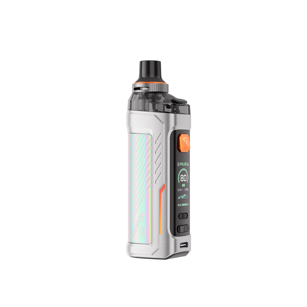 VAPORESSO ARMOUR G vape device in silver with colorful side panel and display, 80W power