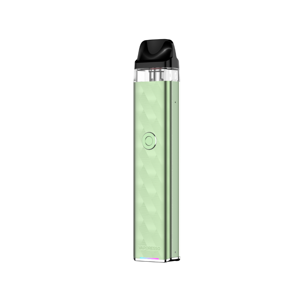VAPORESSO XROS 3 vape in light green, diamond pattern, black mouthpiece, and neon battery indicator