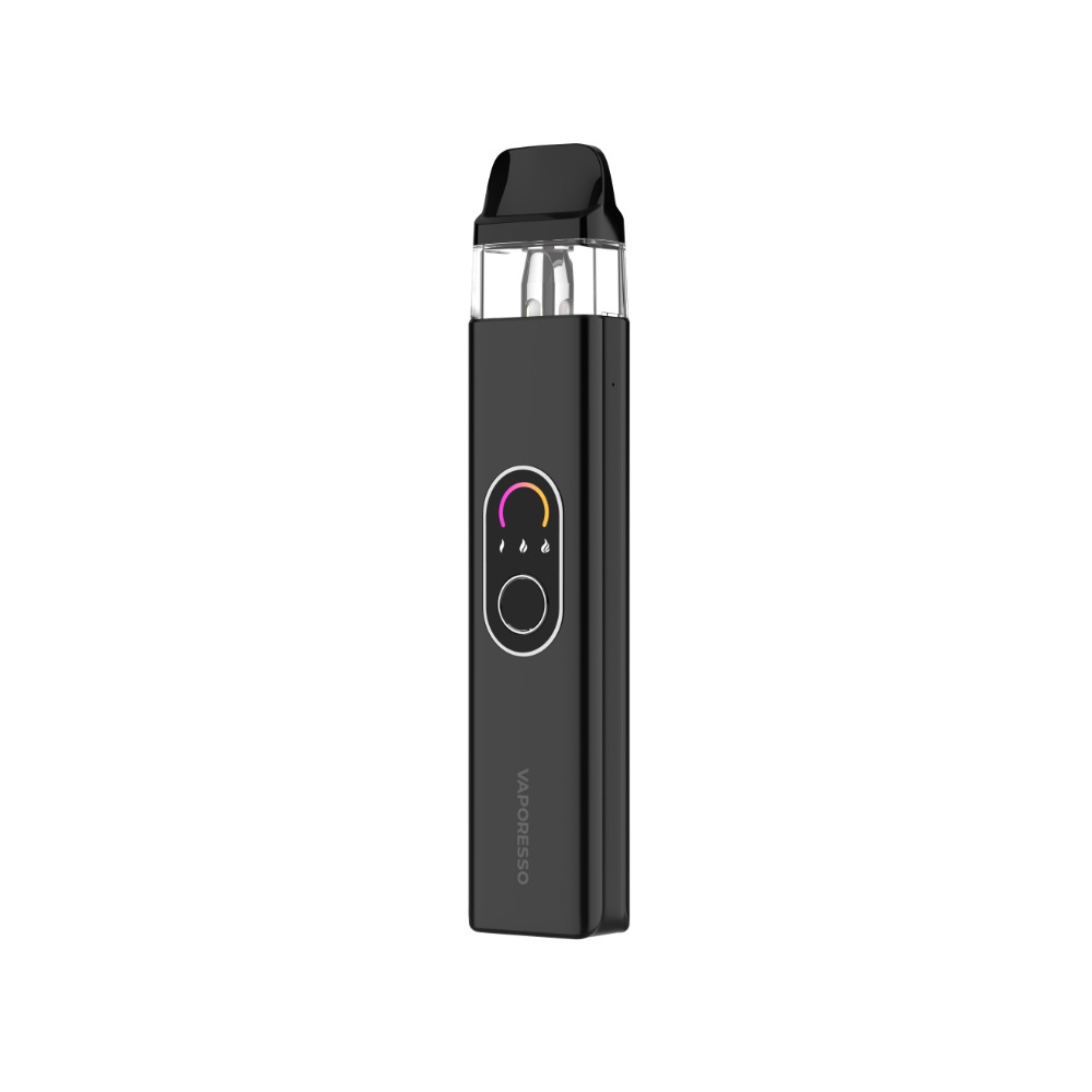VAPORESSO XROS 4 vape device in black. Features display, button, and brand logo.