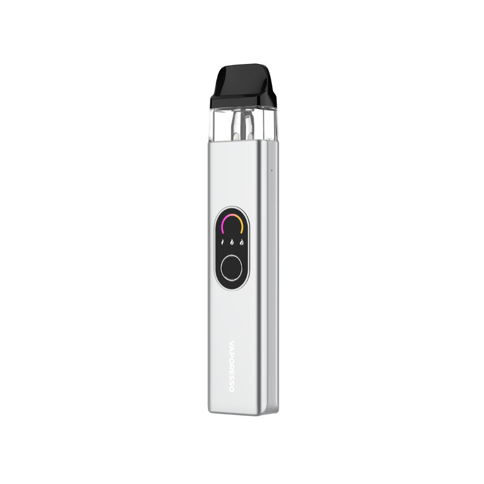 VAPORESSO XROS 4 vape device in silver with display and button, featuring brand logo.