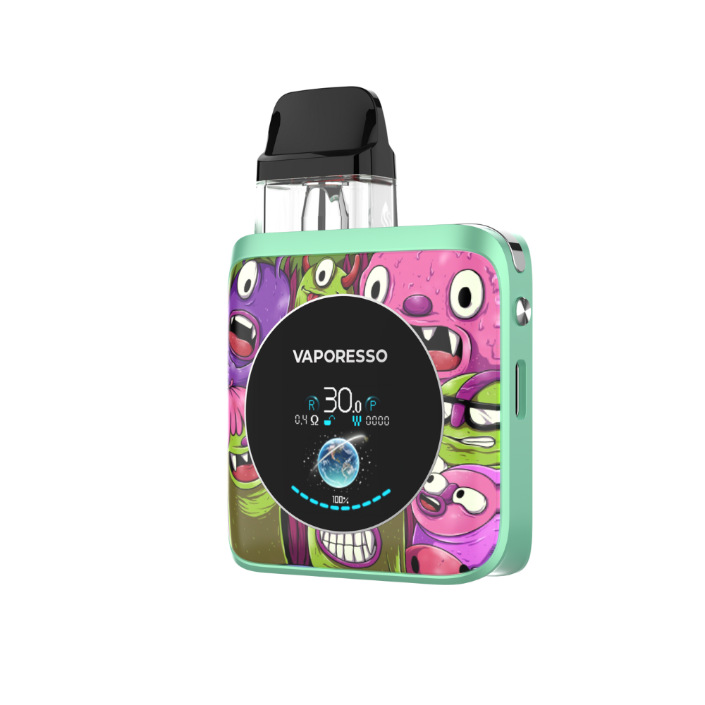 VAPORESSO XROS 4 Nano vape with colorful monster design, TFT screen, and 30W output