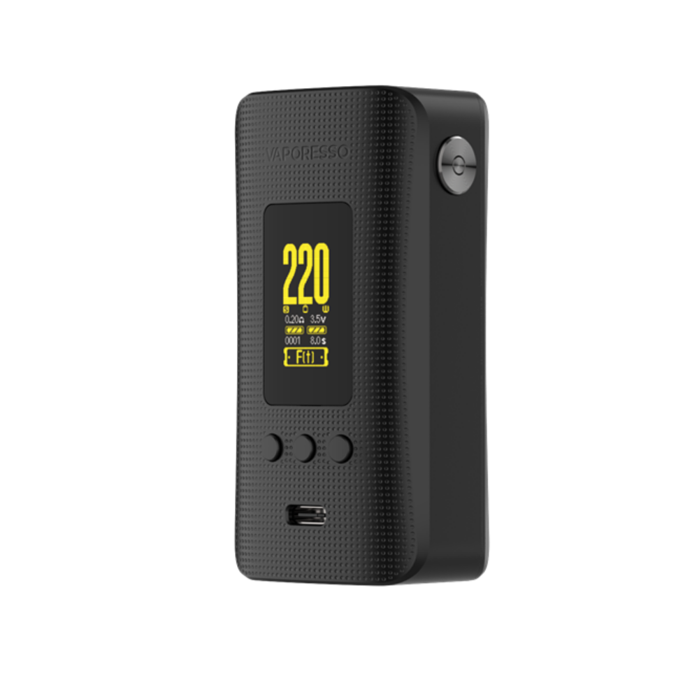 VAPORESSO GEN 200 Mod in black, displaying 220W output, screen, and USB-C port