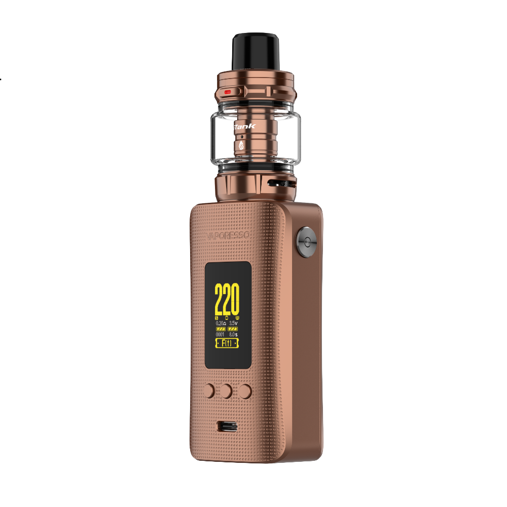 Vaporesso GEN 200 (iTank 2) bronze vape mod, featuring 220W output display and iTank