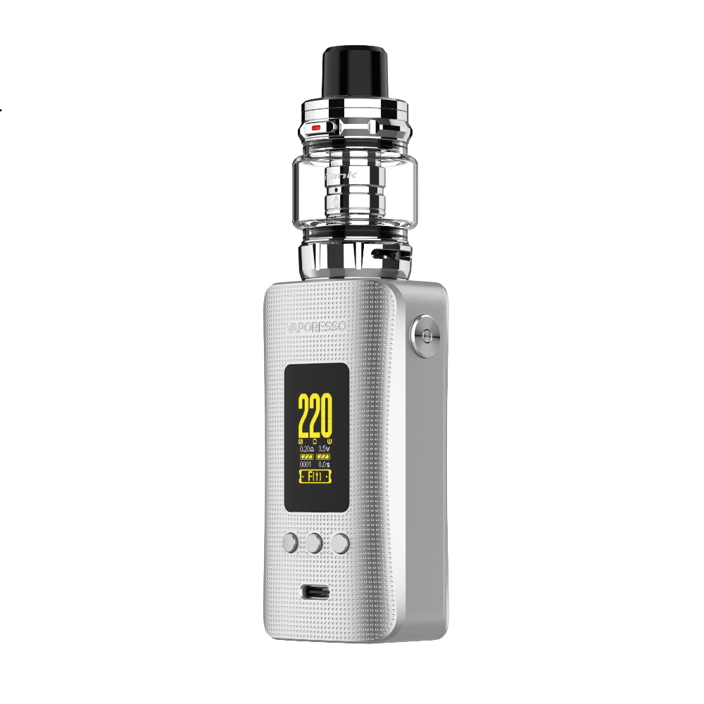 Vaporesso GEN 200 (iTank 2) silver vape mod, featuring 220W output display, iTank, and GTi coil platform