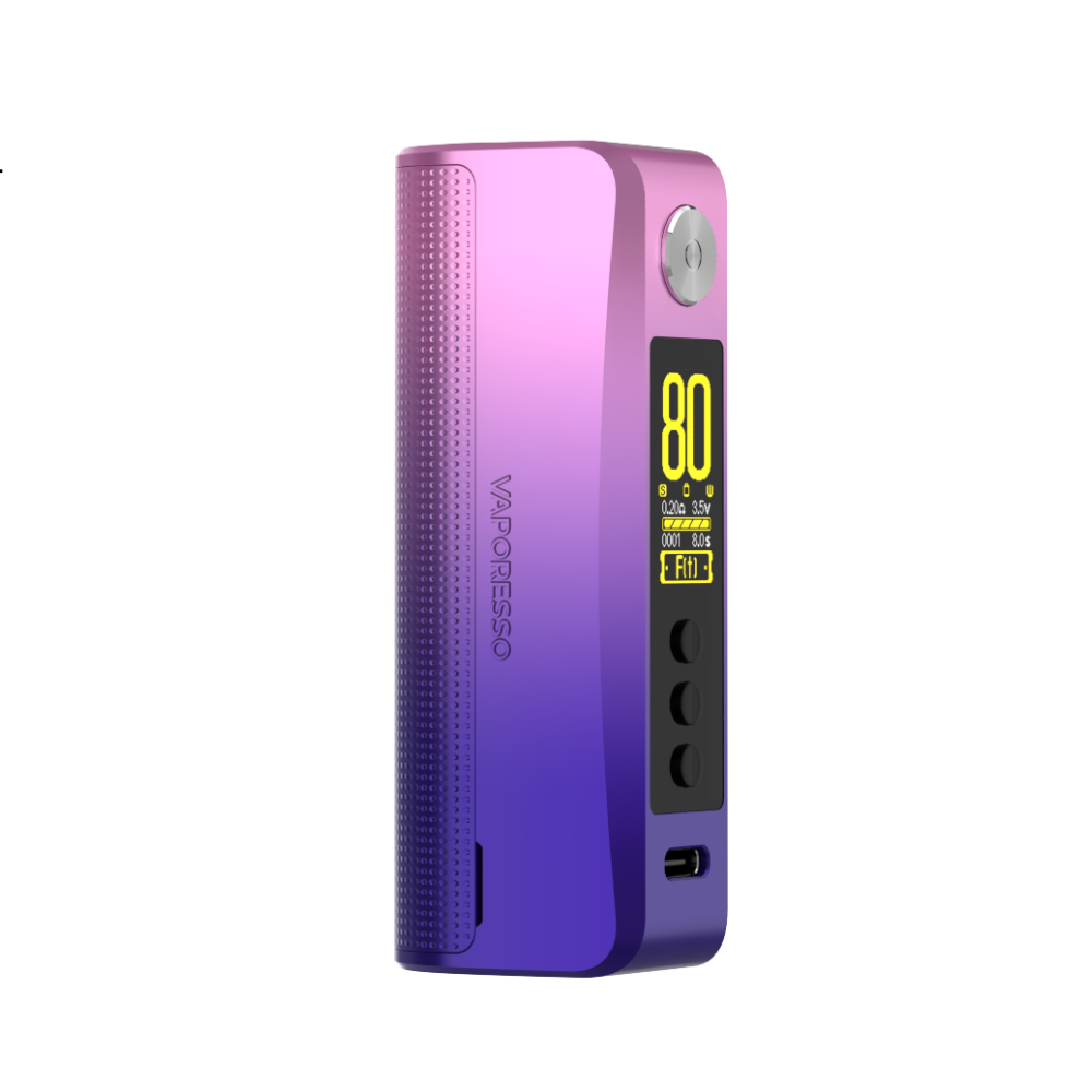 VAPORESSO GEN 80S Mod in gradient pink and purple, featuring 80W display and vaping details.