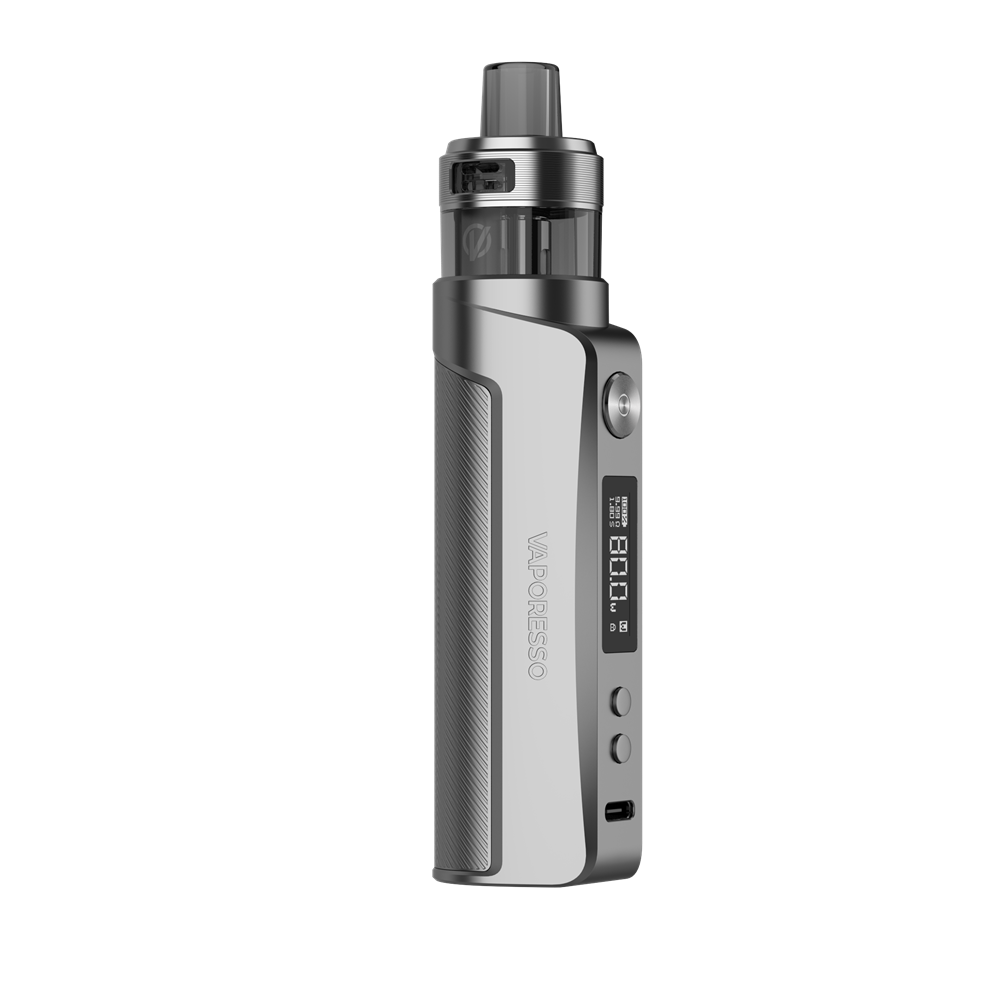 VAPORESSO GEN PT80S Pod Mod in silver, featuring 80W output and xTank with OLED display.