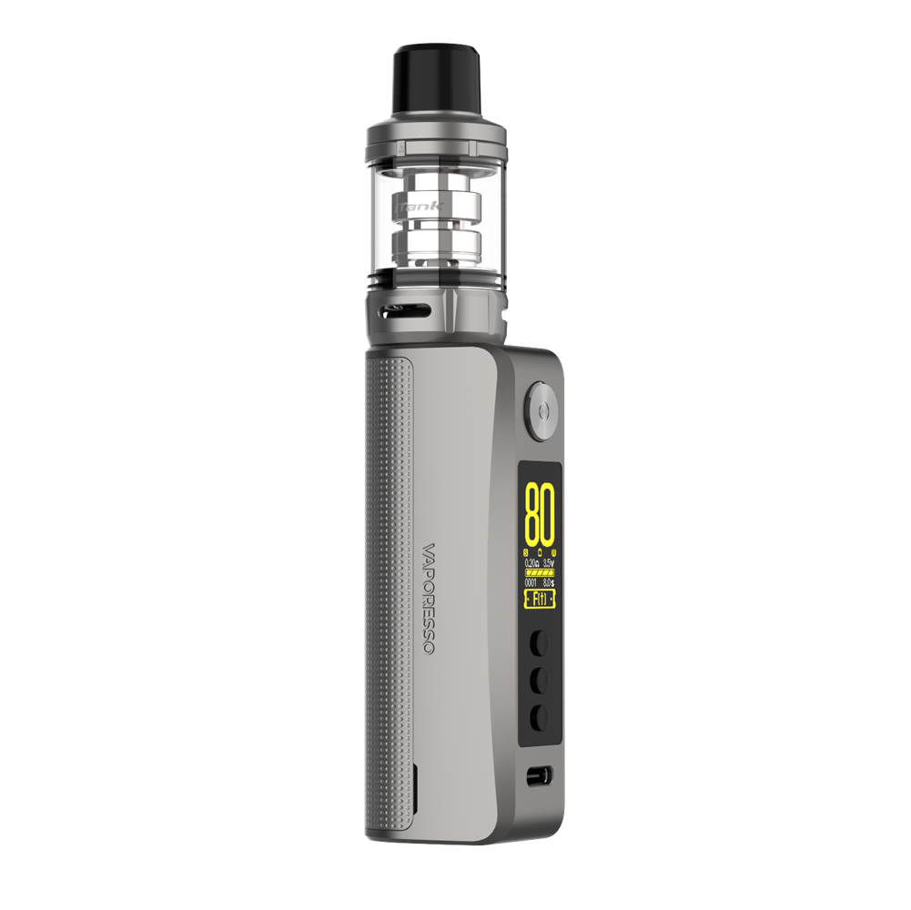 Vaporesso GEN 80S vape kit in silver, featuring 80W display and iTank