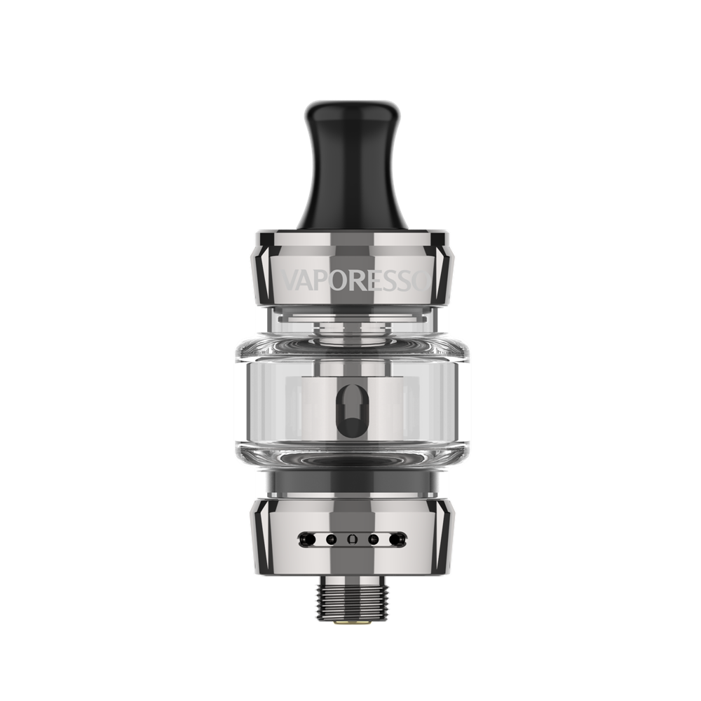 VAPORESSO GTX Tank 18 (3ml) sub-ohm tank in stainless steel with clear glass, black drip tip, and airflow control
