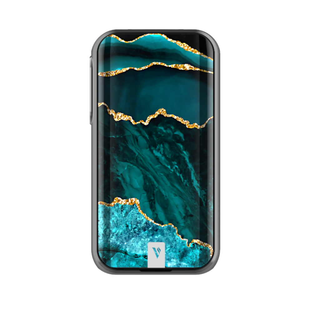 LUXE II Mod by VAPORESSO with teal, gold, and emerald artistic panel design featuring the VAPORESSO logo; vaping device.