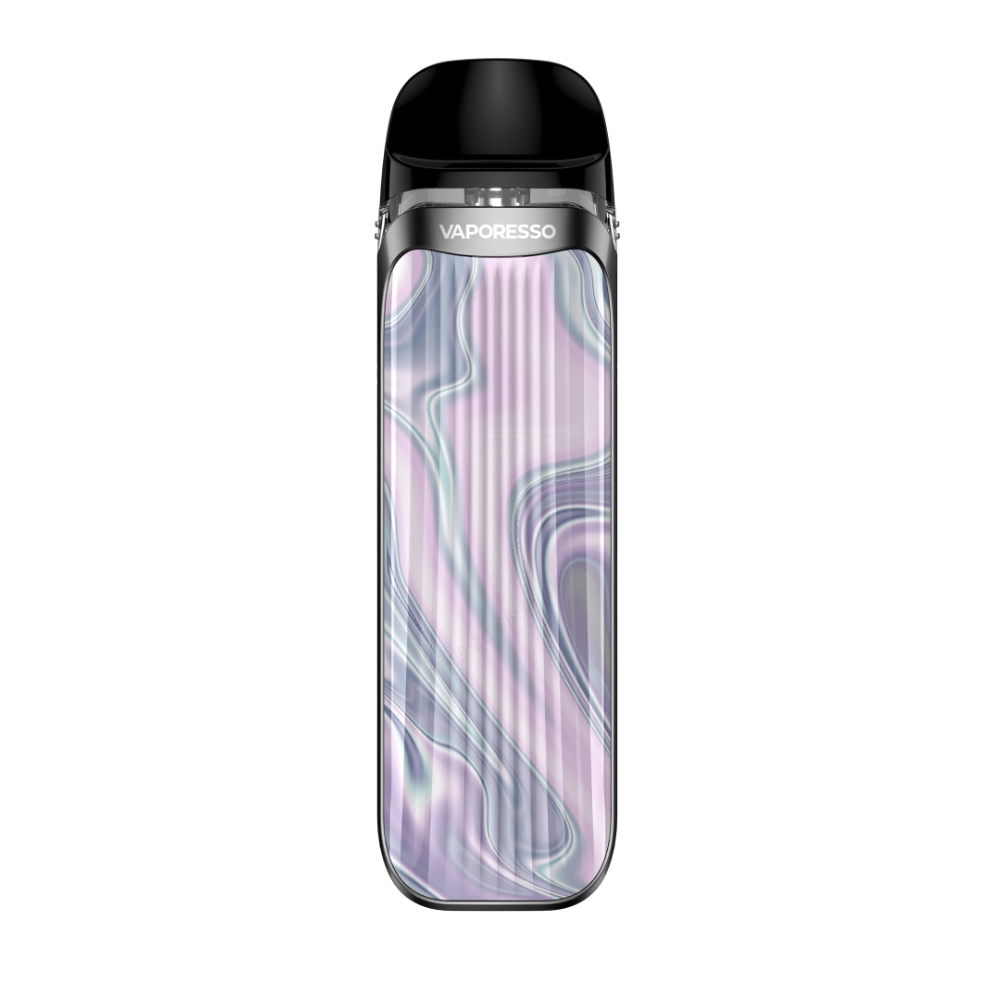 VAPORESSO LUXE QS vape in iridescent purple and silver. Compact pod system with VAPORESSO logo, perfect for RDTL vaping.