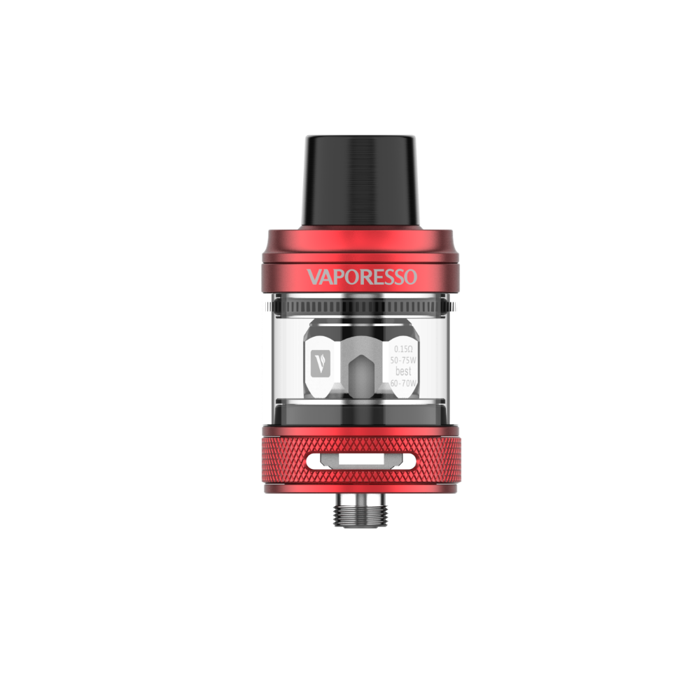 Vaporesso NRG PE Tank in red, features 0.15ohm coil, 50-75W best, 60-70W.