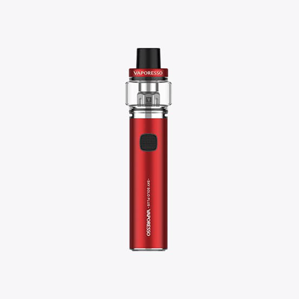 Vaporesso Sky Solo Plus vape pen in red, with branding, black mouthpiece and button.