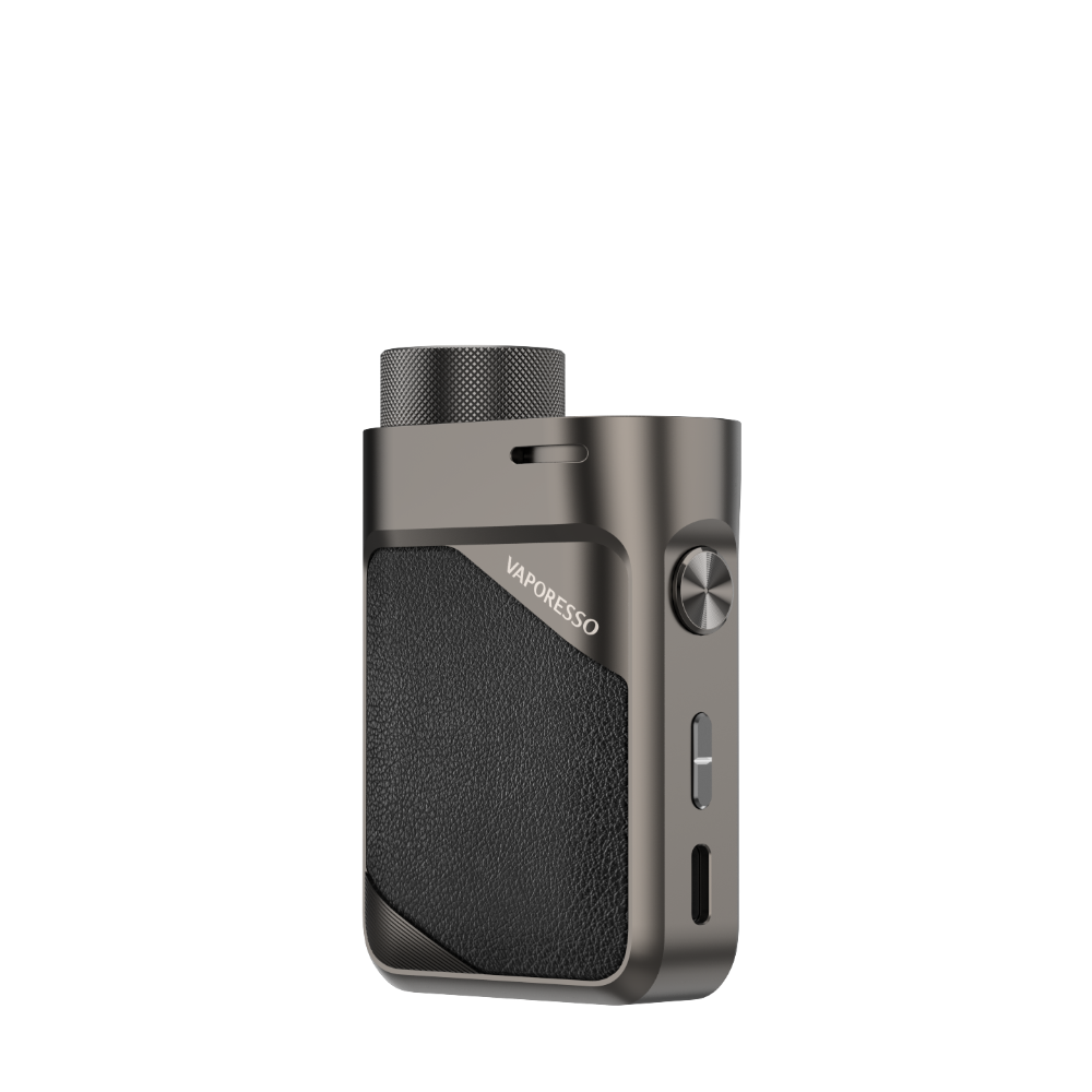 VAPORESSO SWAG PX80 Mod in Gunmetal and Black. Compact vaping device with textured leather panel and VAPORESSO logo.
