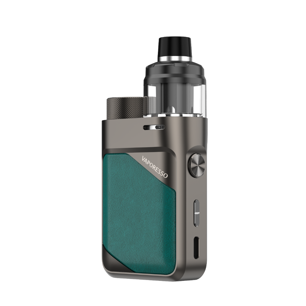VAPORESSO Vaporesso SWAG PX80 pod mod in gunmetal and teal. Compact 80W vape device with VAPORESSO branding