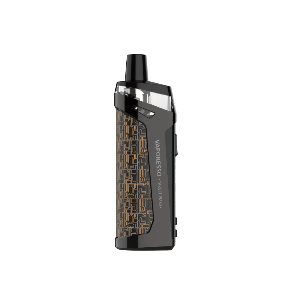 VAPORESSO TARGET PM80 pod mod in black with intricate design, compact sub-ohm vape device