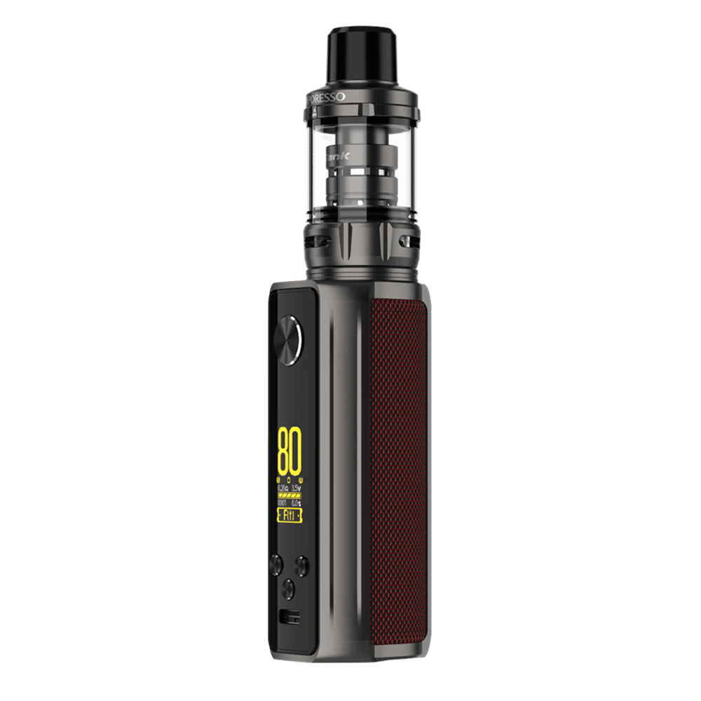 VAPORESSO TARGET 80 iTank in gunmetal with 80W output display and red textured grip, durable vaping device.