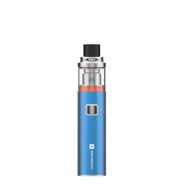 VAPORESSO VECO Solo Plus, blue vape pen with silver button and orange accent, ideal for beginners