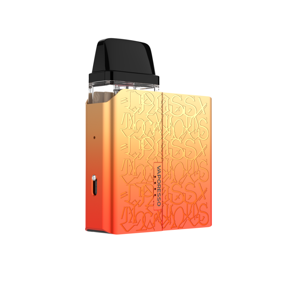 VAPORESSO XROS Nano vape in orange gradient, stylish design with XROS pattern. Featuring VAPORESSO logo for MTL vaping.