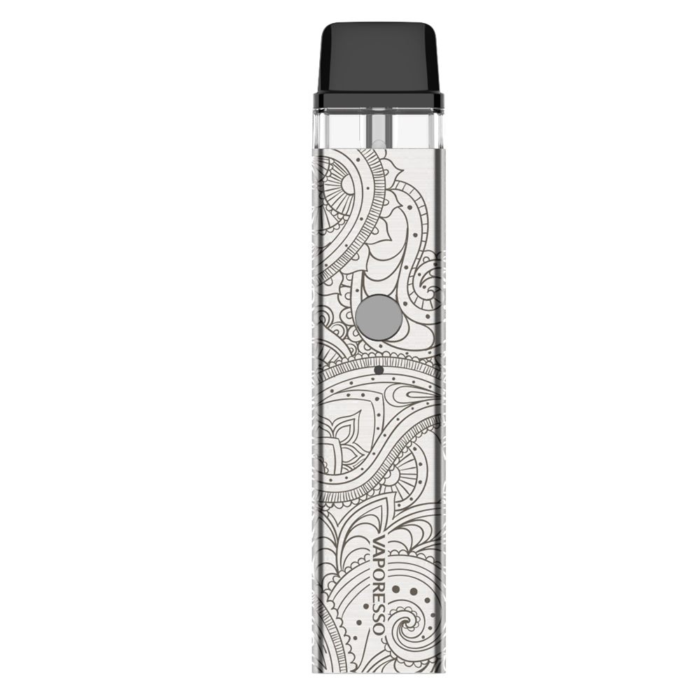 VAPORESSO XROS vape device with intricate white pattern design, VAPORESSO logo, button, and indicator light, a stylish vape.