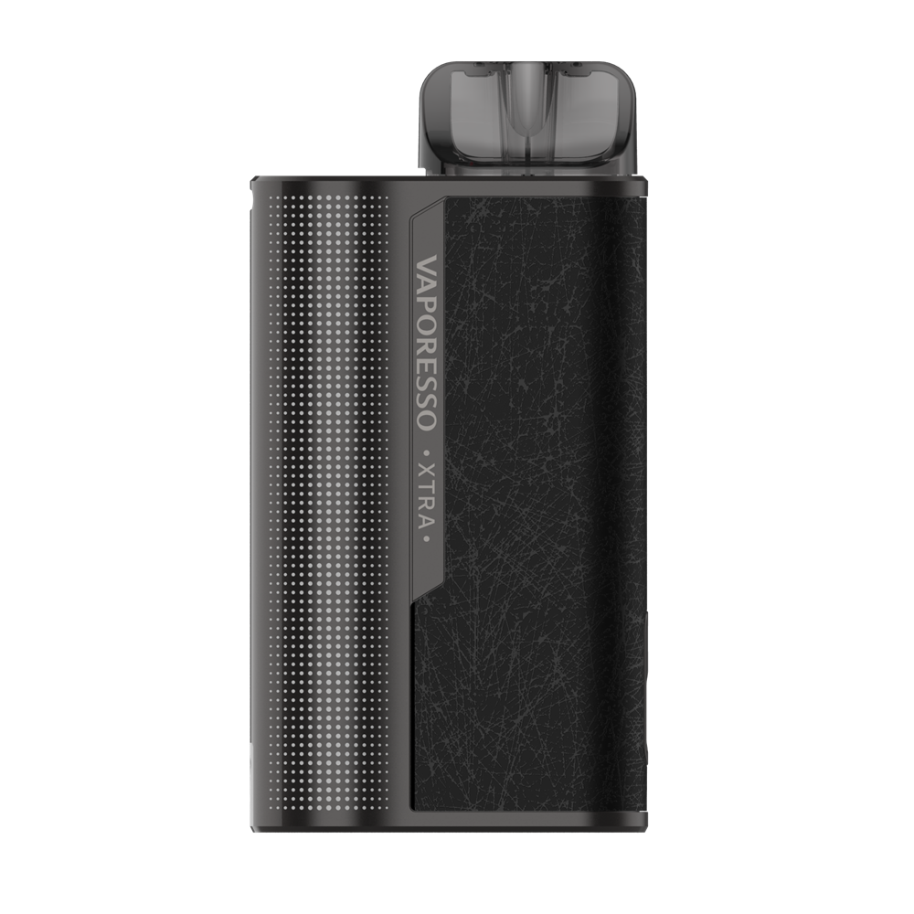 VAPORESSO XTRA vape device in black, with textured design, compact and ergonomic for comfortable grip and daily vaping.