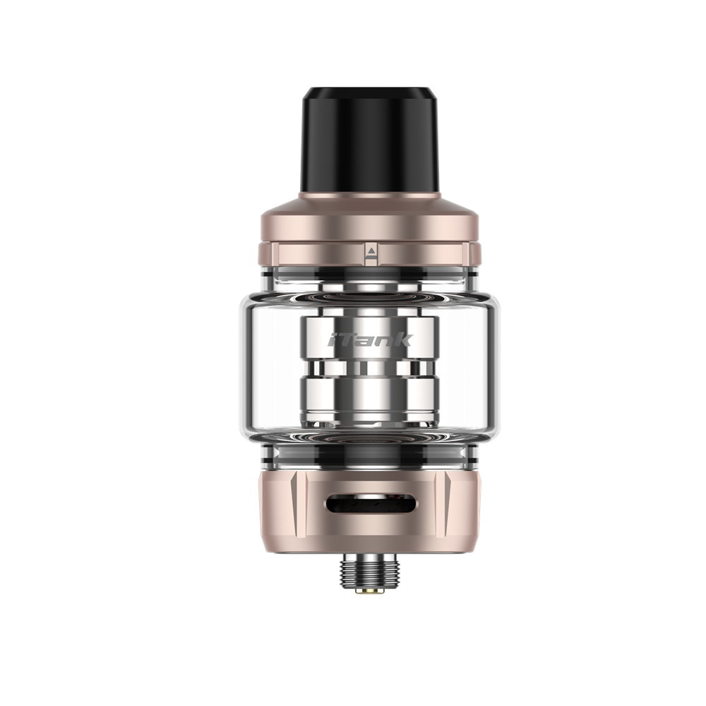 VAPORESSO iTank 8ml vape tank in rose gold and clear glass. Features the iTank logo for DTL vaping.