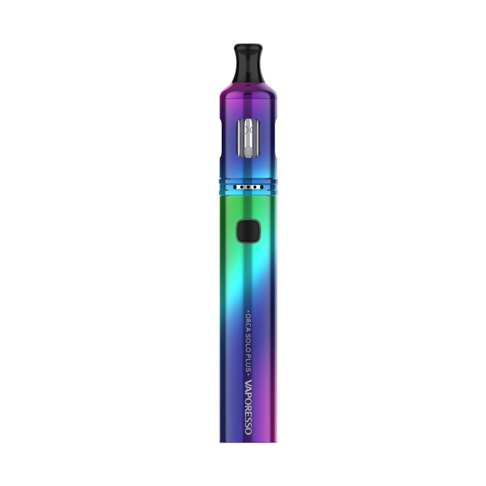 Vaporesso ORCA SOLO PLUS vape device with gradient color finish, featuring a black button and clear tank.