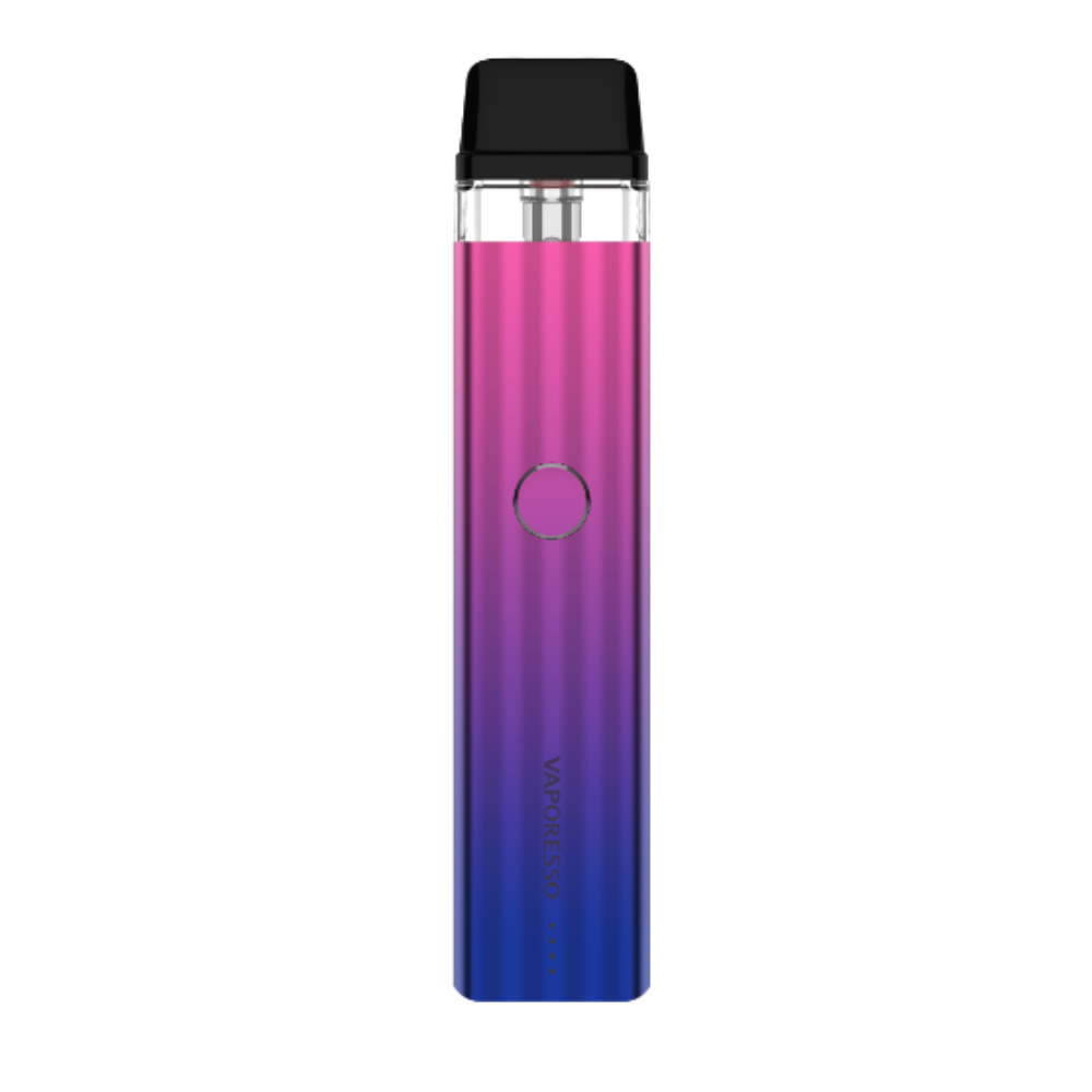 VAPORESSO XROS 2 vape device in gradient pink to blue, featuring a button and logo.