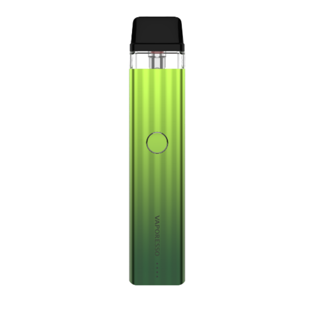 VAPORESSO XROS 2 vape device in gradient green. Stylish, compact vape with brand logo.