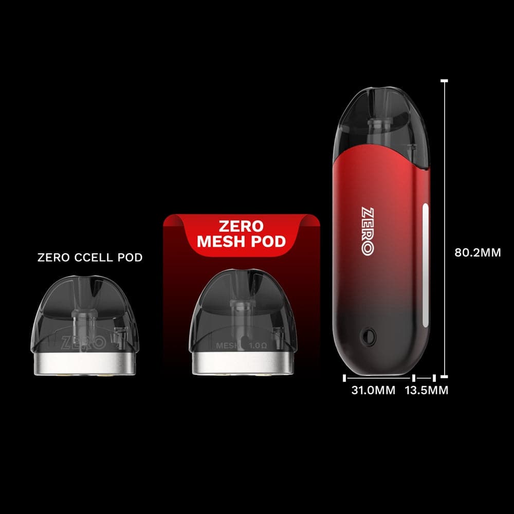 Vaporesso Zero Mesh Pods, side-by-side comparison with Zero CCELL Pod, featuring size and dimension details, 1.0ohm coil.