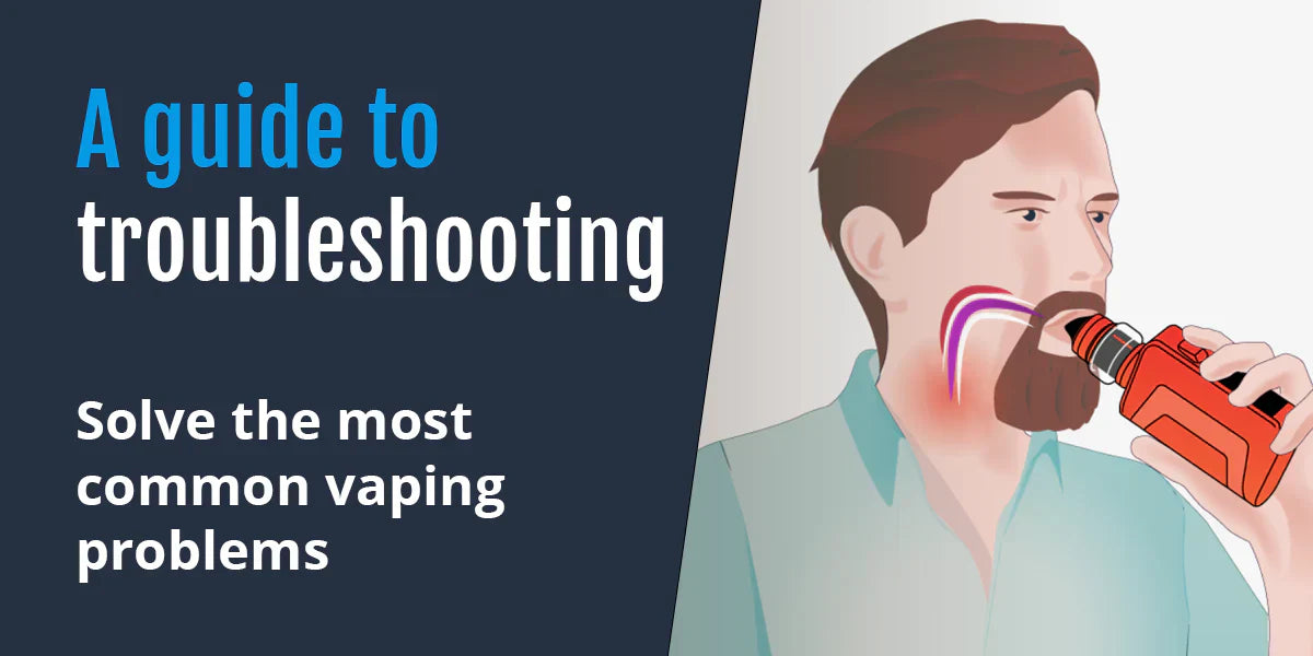 The image shows a person holding a red vape device, with the text on a dark blue background.